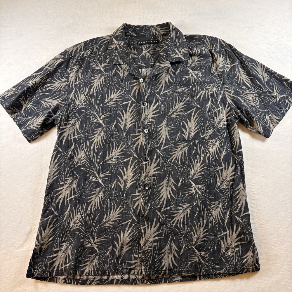 Baracuta Men's Hawaiin Shirt  Size Large 100% Silk Black Gray Tan Palms